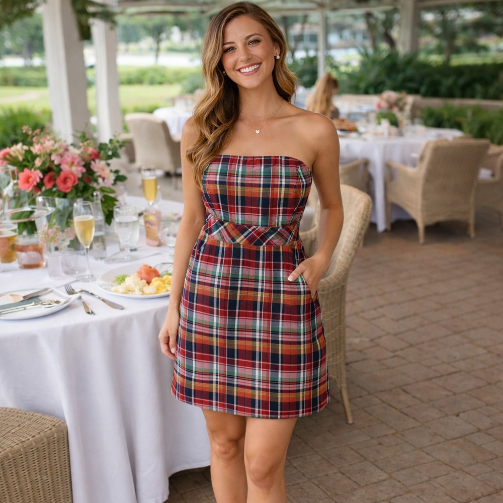 Vineyard Vines Strapless Mini Dress Women 0 Red Plaid Cotton Lined Pockets